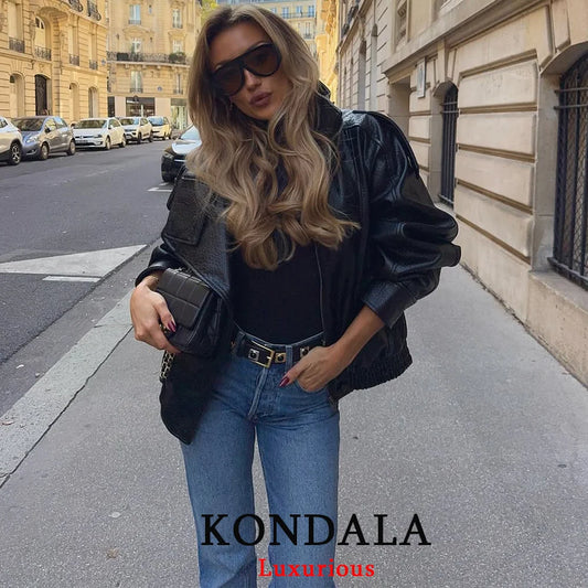 Casual Chic Black Leather Jackets Women Long Sleeve Buttons Elastic Oversized Coats Fashion 2025 Fall Streetwear Coats