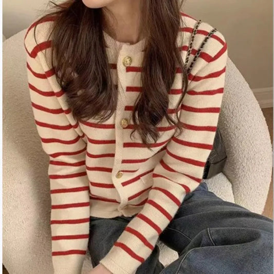 Stripe Knitted Cardigans O-neck