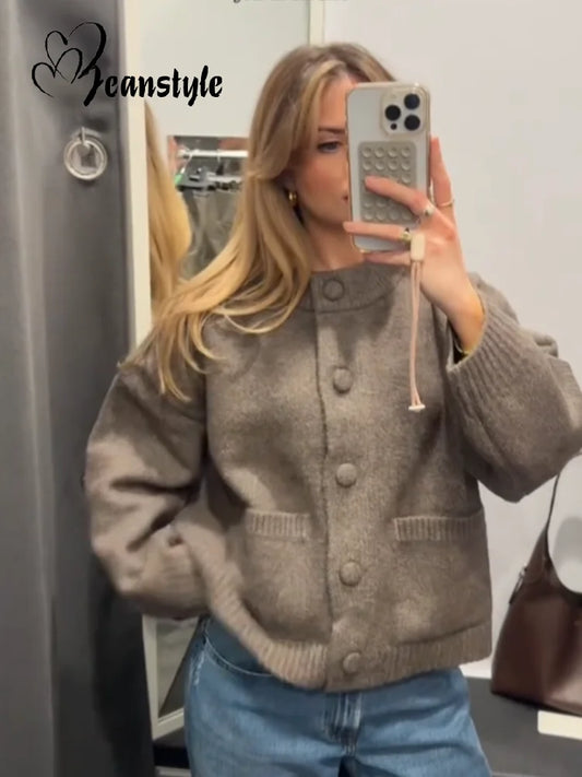 Casual Solid Knitted Sweater Women Street Single Breasted O-neck Full Sleeve Loose Open Stitch Female Winter Spring Lady Outwear